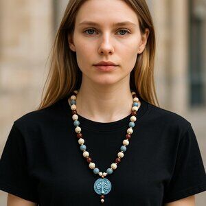 Sand and sea. Soft pallet of cream/brown/Wedgewood blue. Long beaded necklace wi